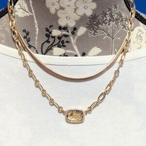 Anne Klein 2 Strand Gold Tone Necklace w/Mother of Pearl-type Stone/Statement!